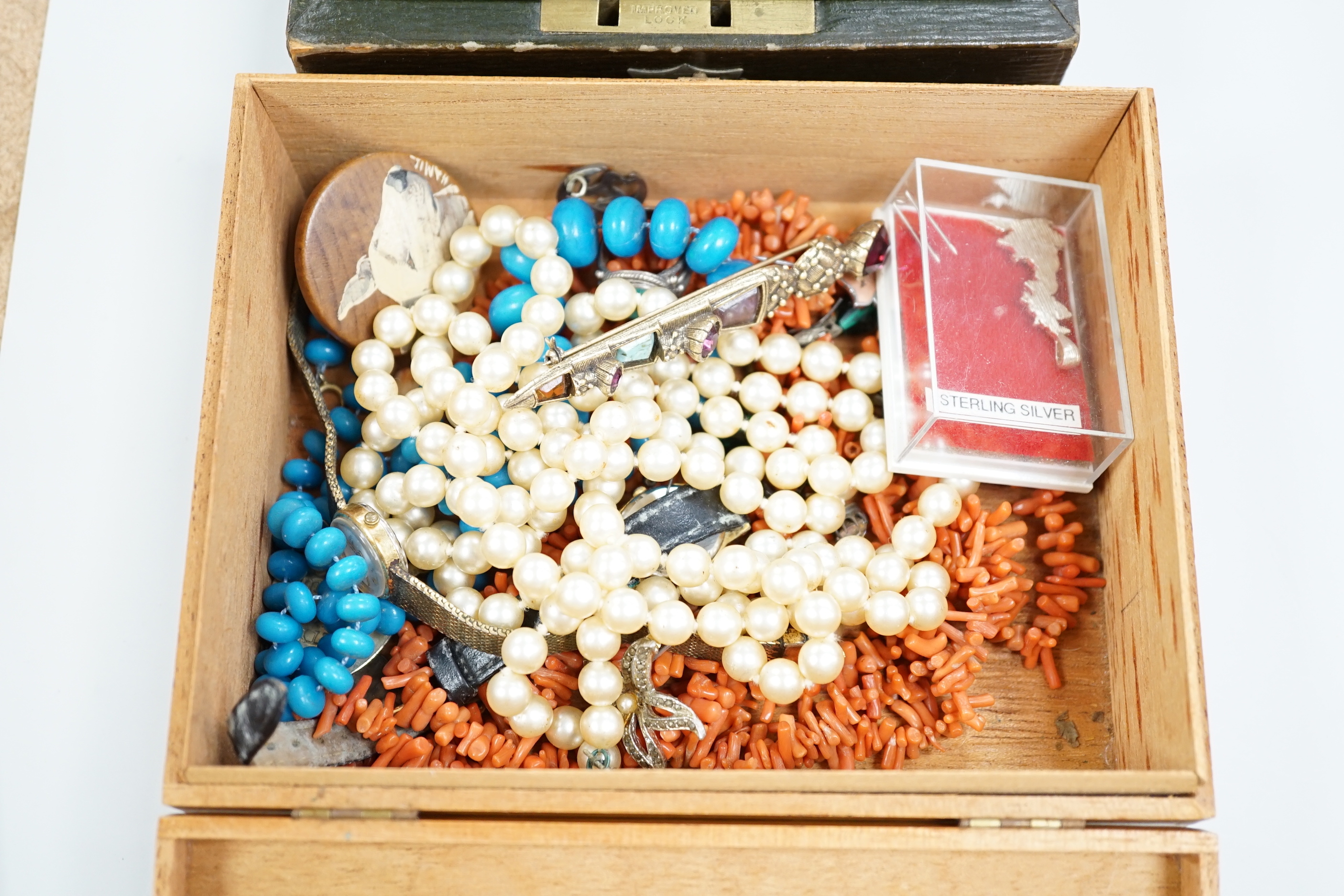 A quantity of assorted mainly costume jewellery, etc, including a pair of 9ct and coral set drop earrings and a sterling and Scottish hardstone set dirk brooch.